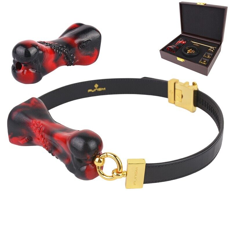 Luxury Silicone Bone Gag Collar · Adjustable BDSM Choker with Gold Hardware