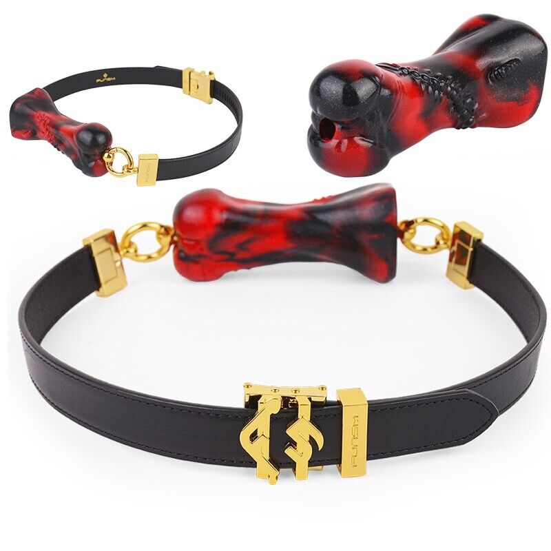 Luxury Silicone Bone Gag Collar · Adjustable BDSM Choker with Gold Hardware