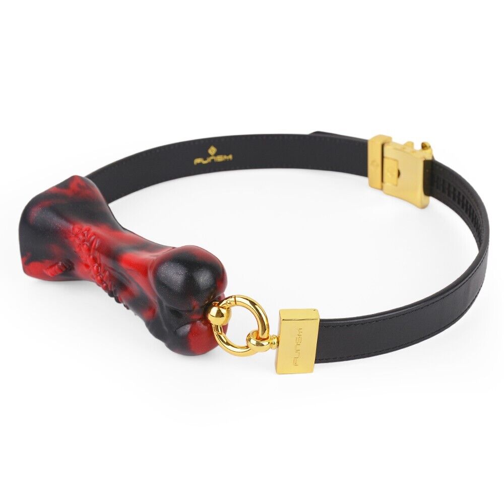 Luxury Silicone Bone Gag Collar · Adjustable BDSM Choker with Gold Hardware