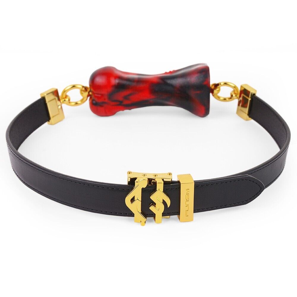 Luxury Silicone Bone Gag Collar · Adjustable BDSM Choker with Gold Hardware