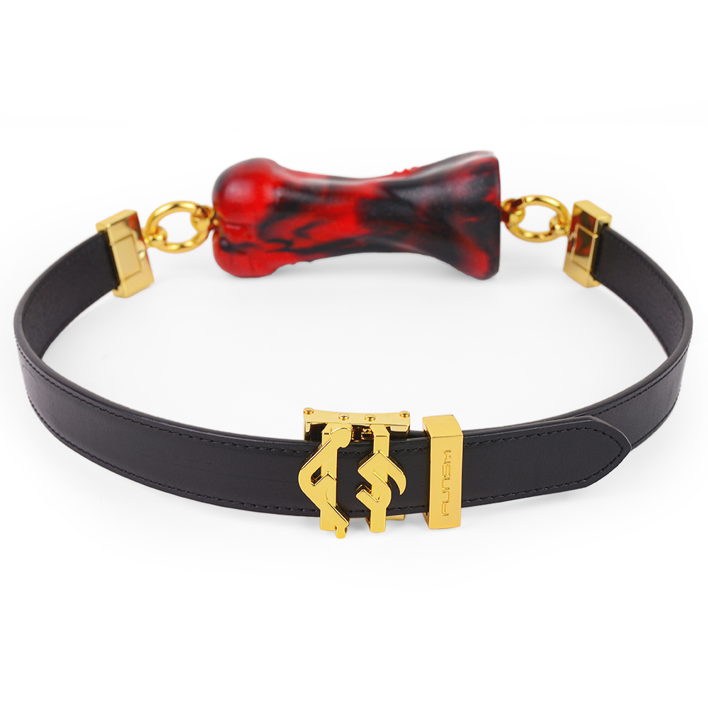 Luxury Silicone Bone Gag Collar · Adjustable BDSM Choker with Gold Hardware