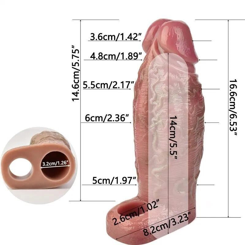 Realistic Silicone Penis Sleeve 6.5" Extension with Ball Loop for Added Girth