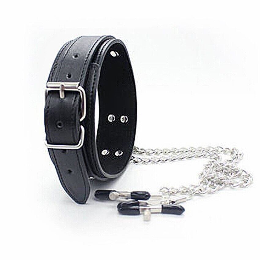 Leather Adjustable Nipple Clamp Collar - Non Piercing Body Chain BDSM - Bondage