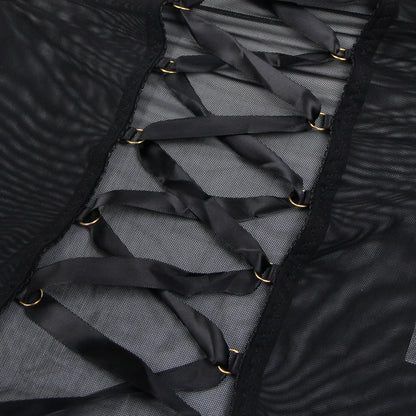 The Midnight Lace-Up Set – Mesh Strappy Lingerie