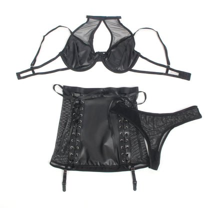 The Obsidian Garter Set Curve – PU Leather Mesh Halter Lingerie