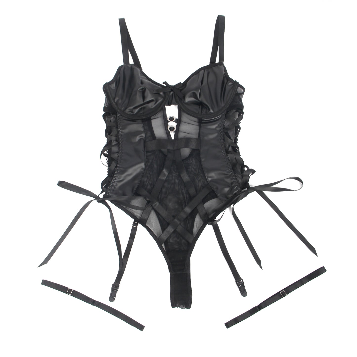 The Midnight Mesh Bodysuit Curve – PU Leather Look Lingerie