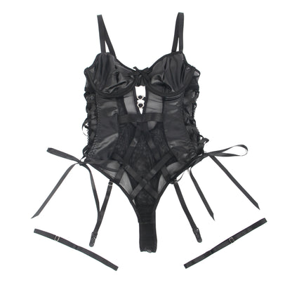 The Midnight Mesh Bodysuit Curve – PU Leather Look Lingerie