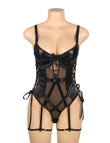 The Midnight Mesh Bodysuit Curve – PU Leather Look Lingerie