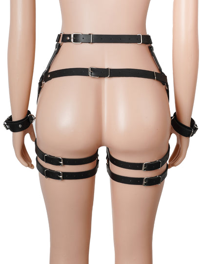 After Dark Harness - Black Faux Leather Waist & Leg Harness with Cuffs
