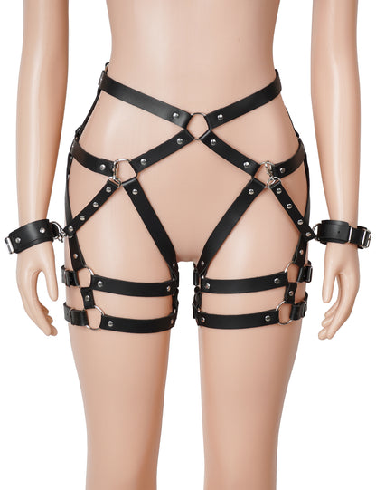 After Dark Harness - Black Faux Leather Waist & Leg Harness with Cuffs