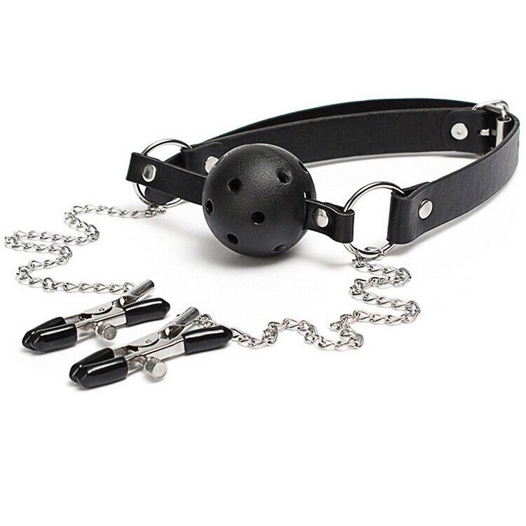 Ball Gag Bondage Collar with Nipple Clamps