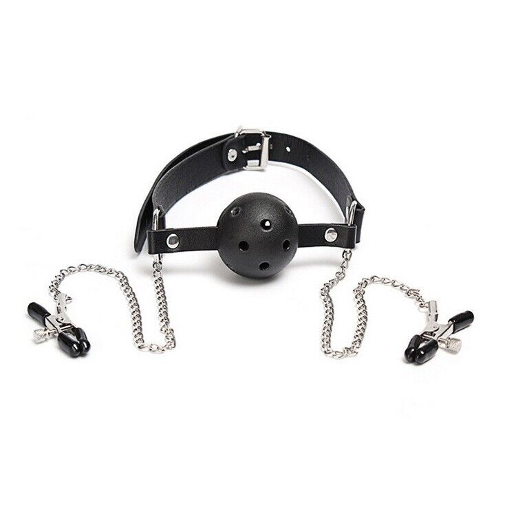 Ball Gag Bondage Collar with Nipple Clamps