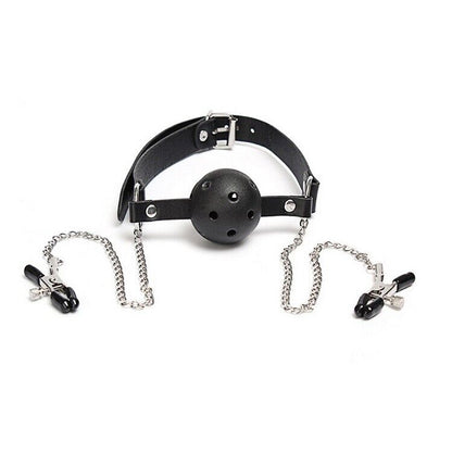 Ball Gag Bondage Collar with Nipple Clamps