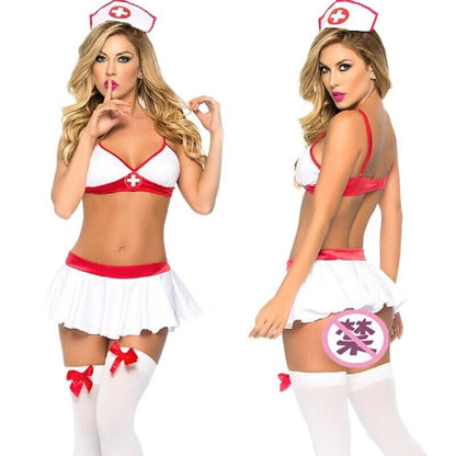 Sultry Healing - Sexy Nurse Lingerie Outfit with Hat, Bra, Skirt, and Stockings